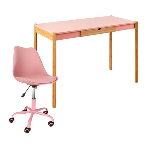 Combo escritorio y silla con cojín rosado