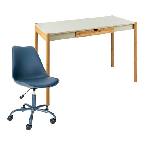 Combo escritorio blanco y silla con cojín azúl