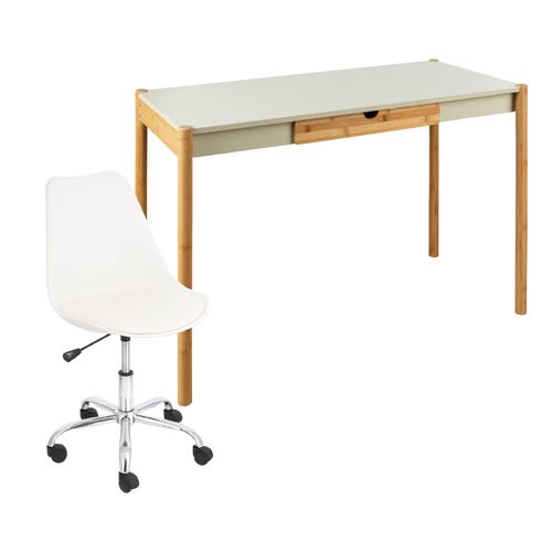 Combo escritorio y silla con cojín blanco