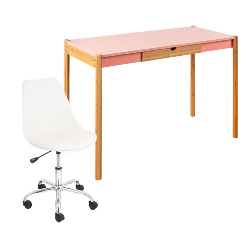 Set escritorio rosado y silla con cojín blanco