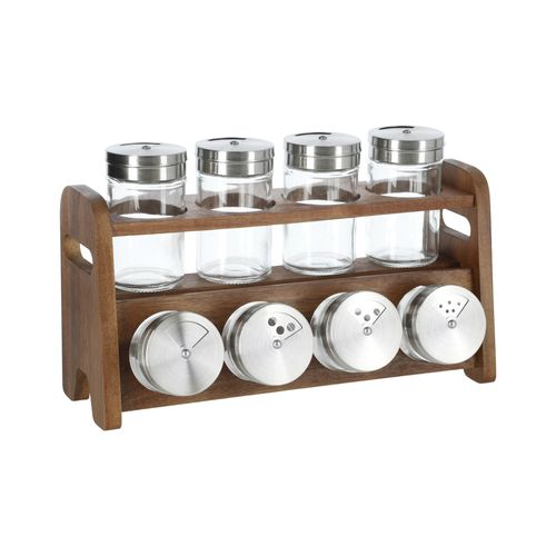 Set 8 Especieros de Vidrio con Rack de Madera 22,5x9x21 cm