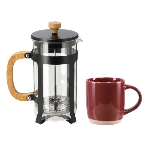 Set Cafetera Francesa de Vidrio- Bambú y Mug Cerámica Gres