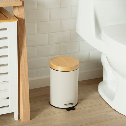 Papelero Metálico con Tapa de Bambú y Pedal 3 Lt