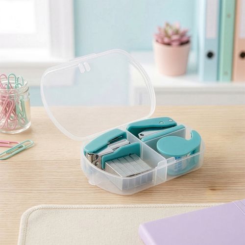 Set Mini Caja de Plástico con Accesorios de Escritorio 6x2x9,5 cm